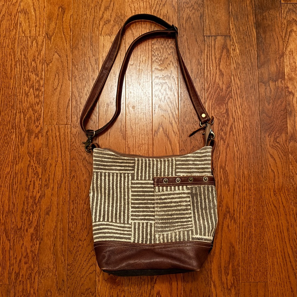 Myra Bag Boho Upcycled Canvas & Leather Crossbody Shoulder Bag